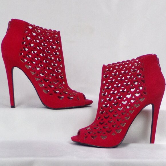 Shoe Dazzle Shoes - MADISON BY SHOEDAZZLE size 7 red faux-suede ultra-high-heel ankle booties